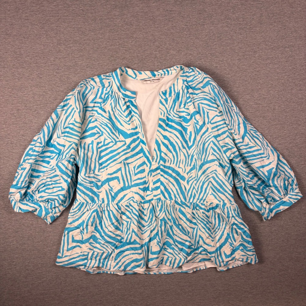 Amanda Uprichard Diego Top Women M Blue Zebra Print Puff Sleeve Linen Blend